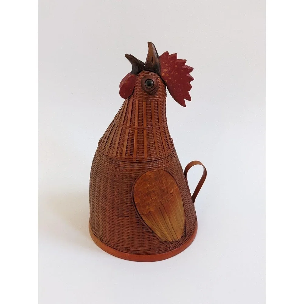 Vintage Shanghai Handicrafts Woven Wicker Rooster Lidded‎ Basket Hen Figural 9